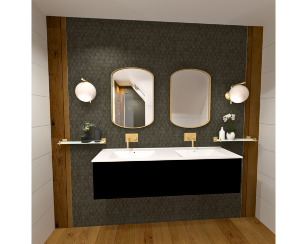 A modern bathroom vanity setup with a double sink and a dark floating cabinet. The wall behind the sink is covered in a textured dark tile, with two oval mirrors framed in gold above each sink. On either side of the mirrors, round wall-mounted lights add soft illumination. A narrow shelf above the sink holds small decorative items, including a potted plant and soap. The floor is wood, adding warmth to the sleek design.