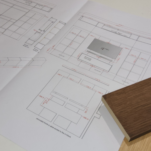 CAD plans with sample wood finishes showcasing the detailed planning and build process for a luxury interior design project. Hotel Interior Design Dorset.