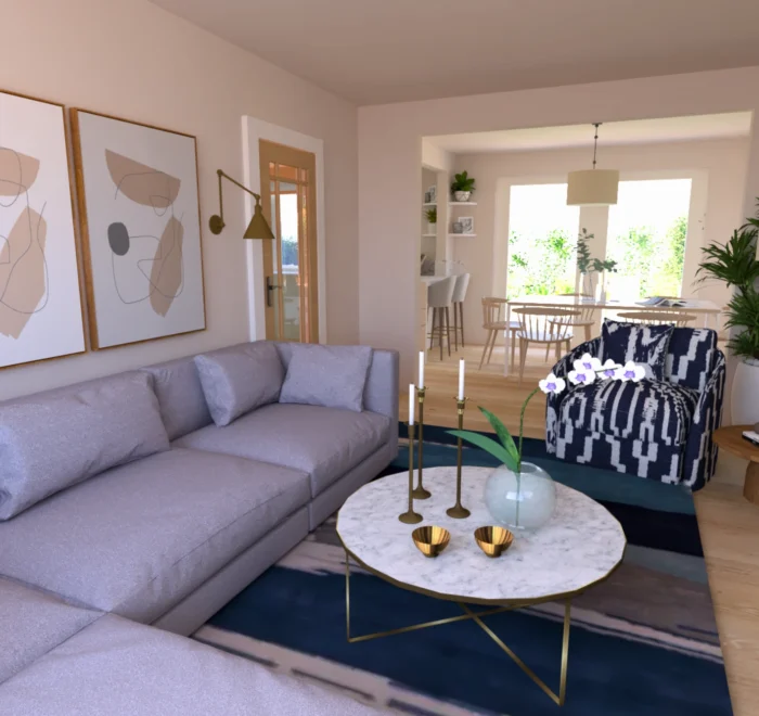 Photo-realistic CGI of a bespoke lounge-dining room featuring luxury furnishings, ambient lighting, and elegant decor—designed for a refined, comfortable, and functional residential interior.