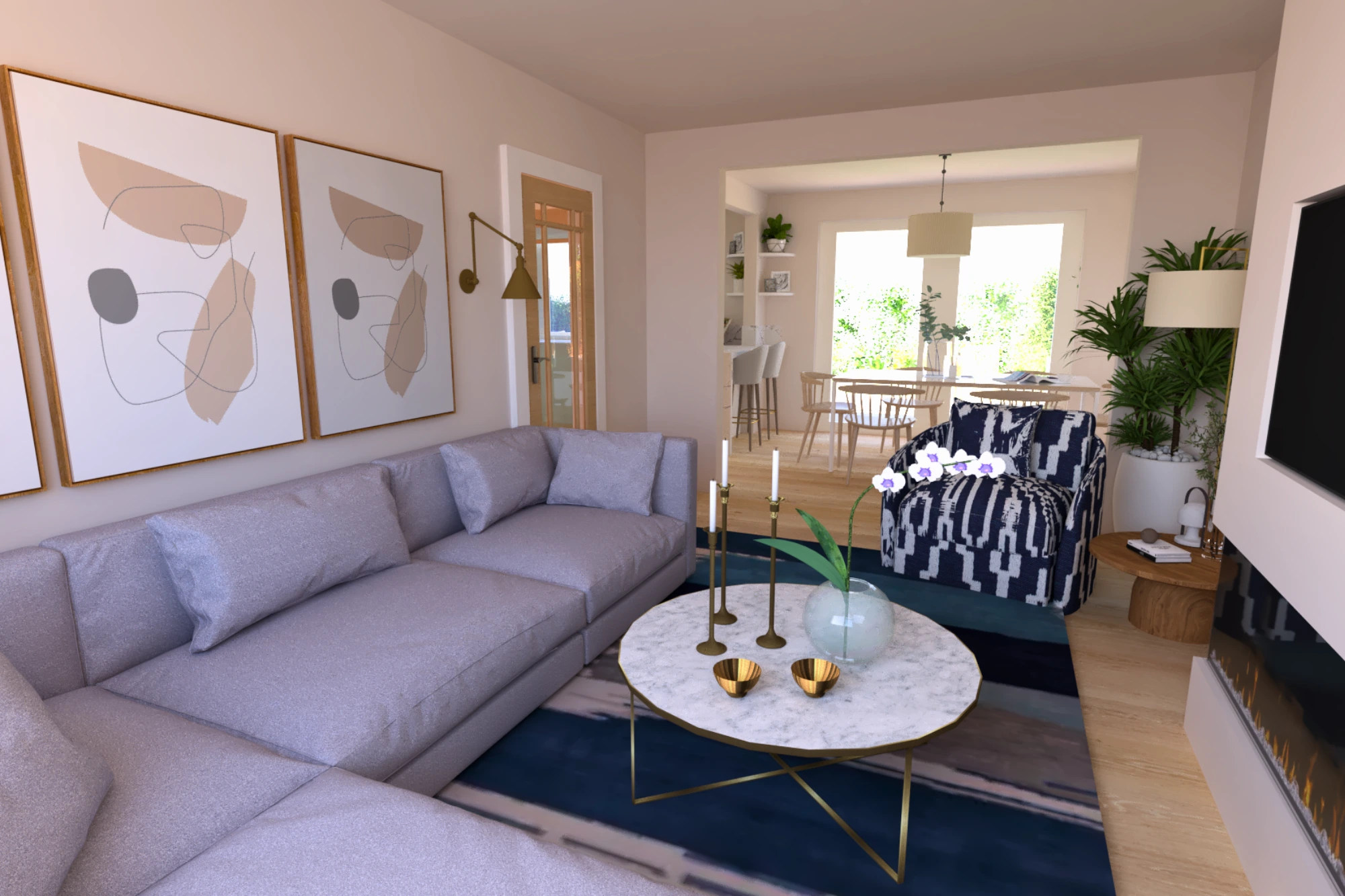 Photo-realistic CGI of a bespoke lounge-dining room featuring luxury furnishings, ambient lighting, and elegant decor—designed for a refined, comfortable, and functional residential interior.