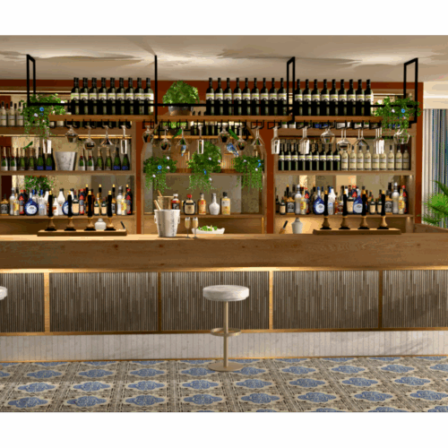 Bar CGI Photorealistic image. Hotel bar. Wine bar. Orange and blue hotel wine bar. Hotel Interior Design Dorset.