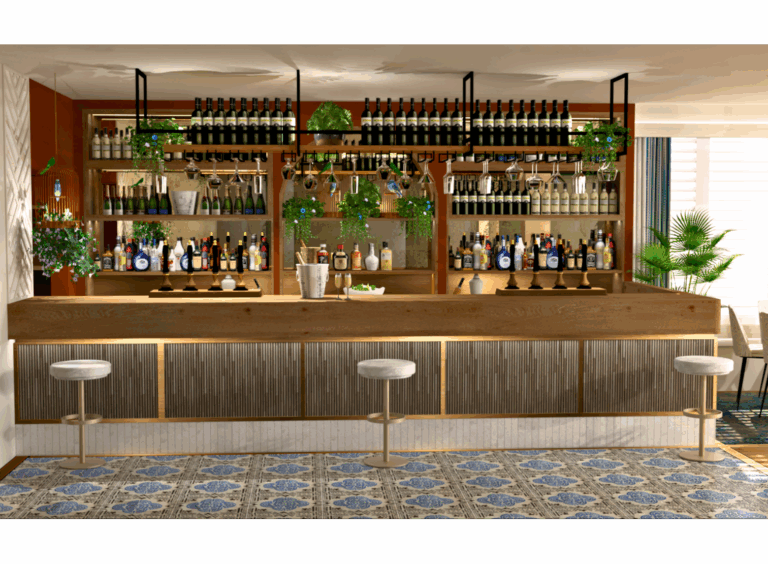 Bar CGI Photorealistic image. Hotel bar. Wine bar. Orange and blue hotel wine bar. Hotel Interior Design Dorset.
