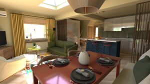 Japandi Mid Century Kitchen, Diner and Lounge. Bespoke CGI.