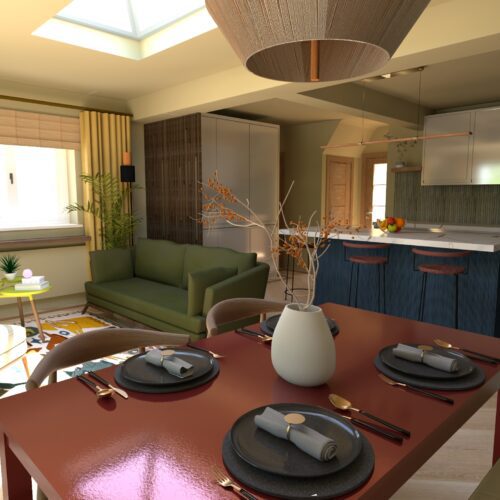 Japandi Mid Century Kitchen, Diner and Lounge. Bespoke CGI.