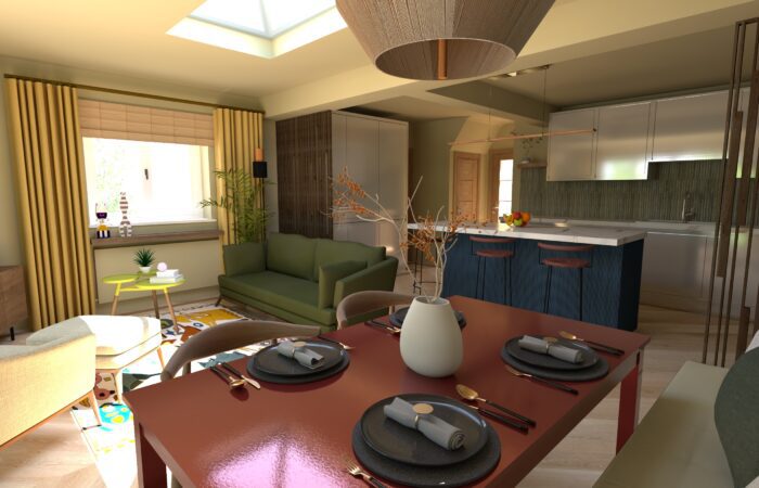 Japandi Mid Century Kitchen, Diner and Lounge. Bespoke CGI.