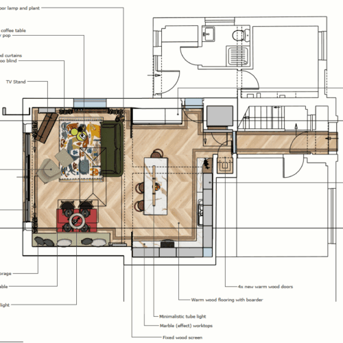 Japandi Mid Century Kitchen, Diner and Lounge. Bespoke Floor plan.
