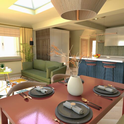 CGI. Japandi Mid-Century Kitchen, Dining & Living Space